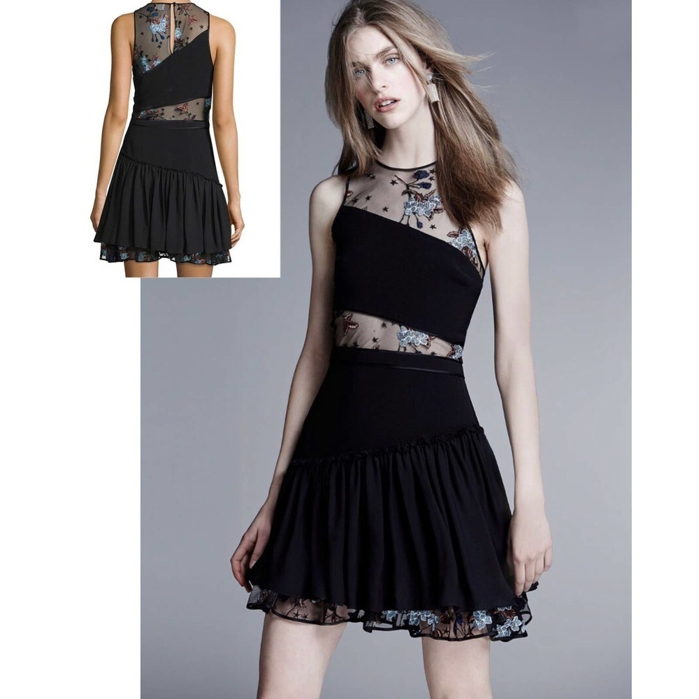 5 a 7 Cinq a Sept Aquarius Designer Embroidered Mesh Ruffle Hem Dress $450 Sz 6‍